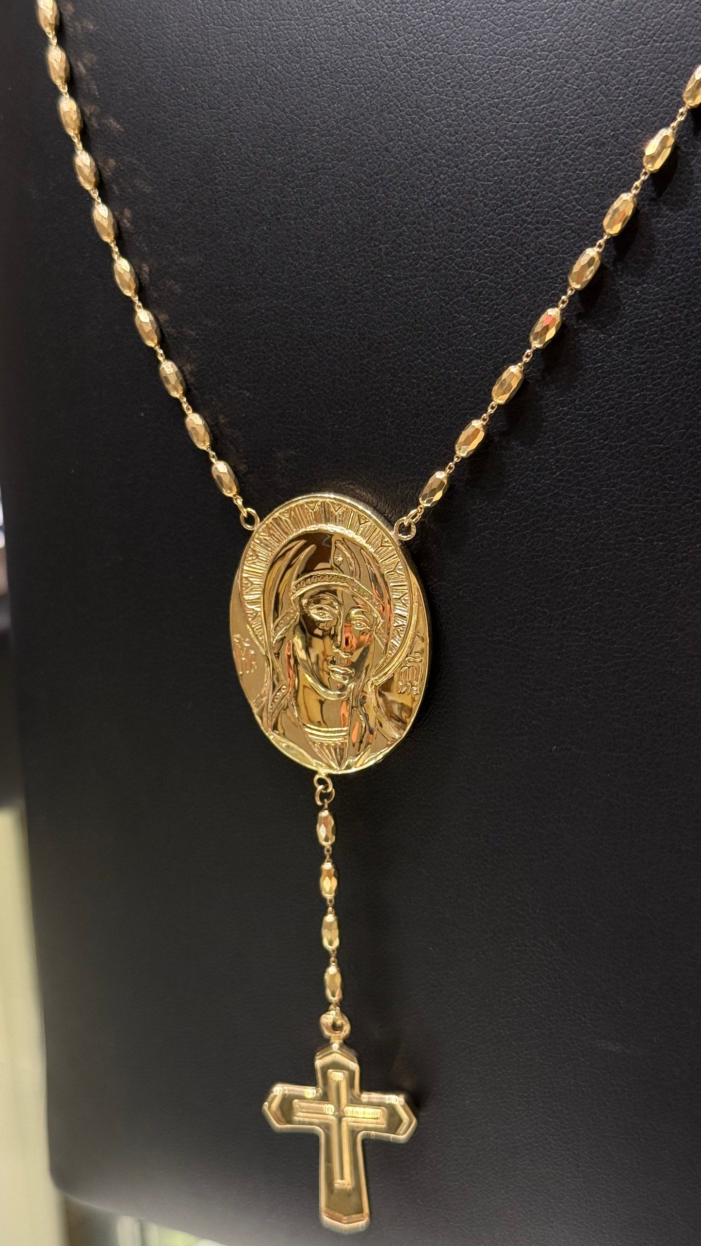 18K Gold Virgin Mary Rosary Necklace