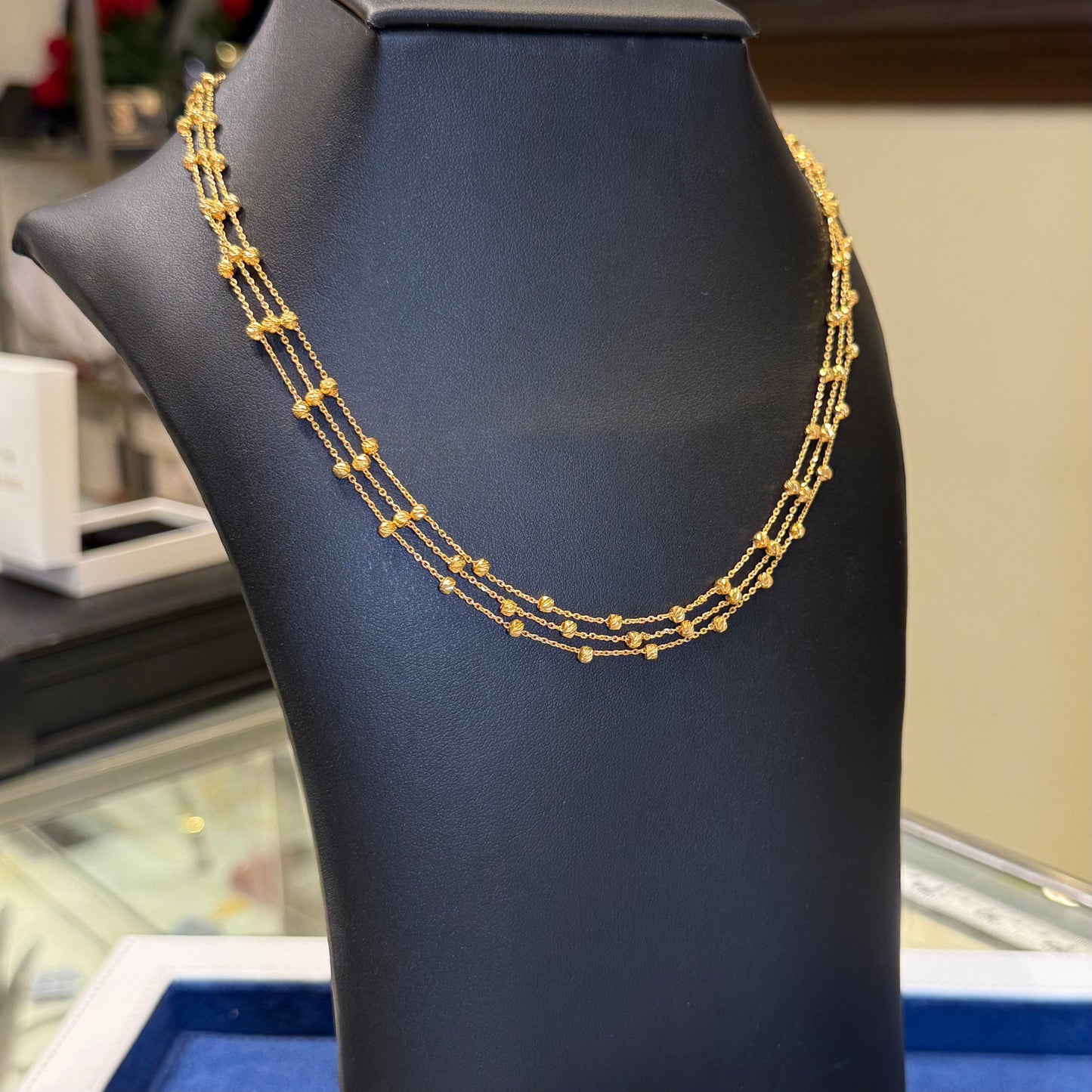 21K Gold Triple Beaded Chain Necklace