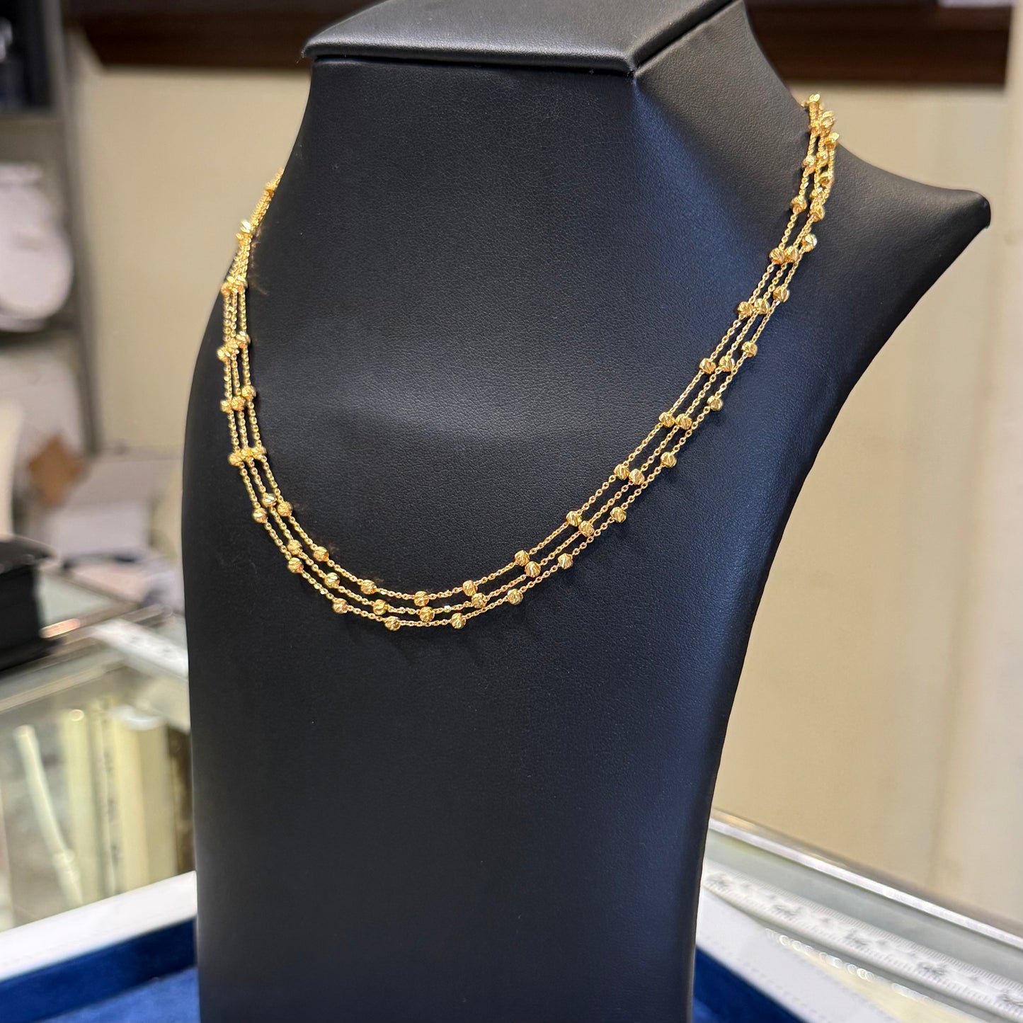 21K Gold Triple Beaded Chain Necklace